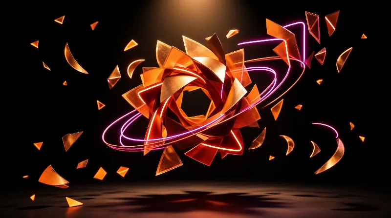 Glowing copper fragments scatter around a faceted core traced by magenta neon light trails on black.