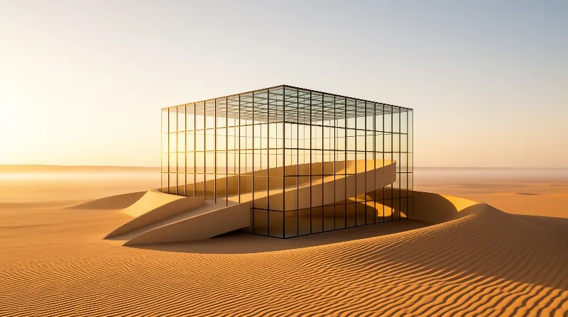 A modern all-glass rectangular structure sits embedded in wind-sculpted desert sand during warm low-angle sunset light.