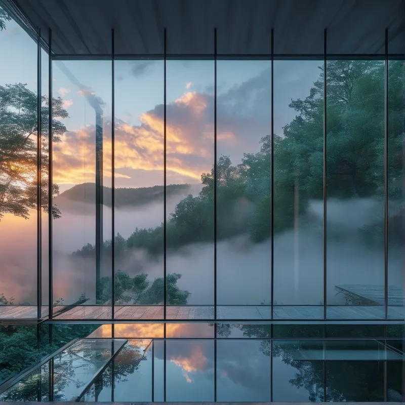 Glass panels frame a misty forest landscape with orange clouds above distant hills and reflections on the floor.