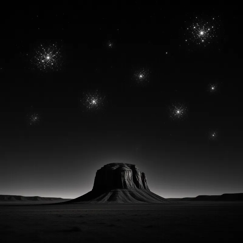A lone flat-topped mesa sits on a dark plain beneath a night sky scattered with brilliant clusters of stars.