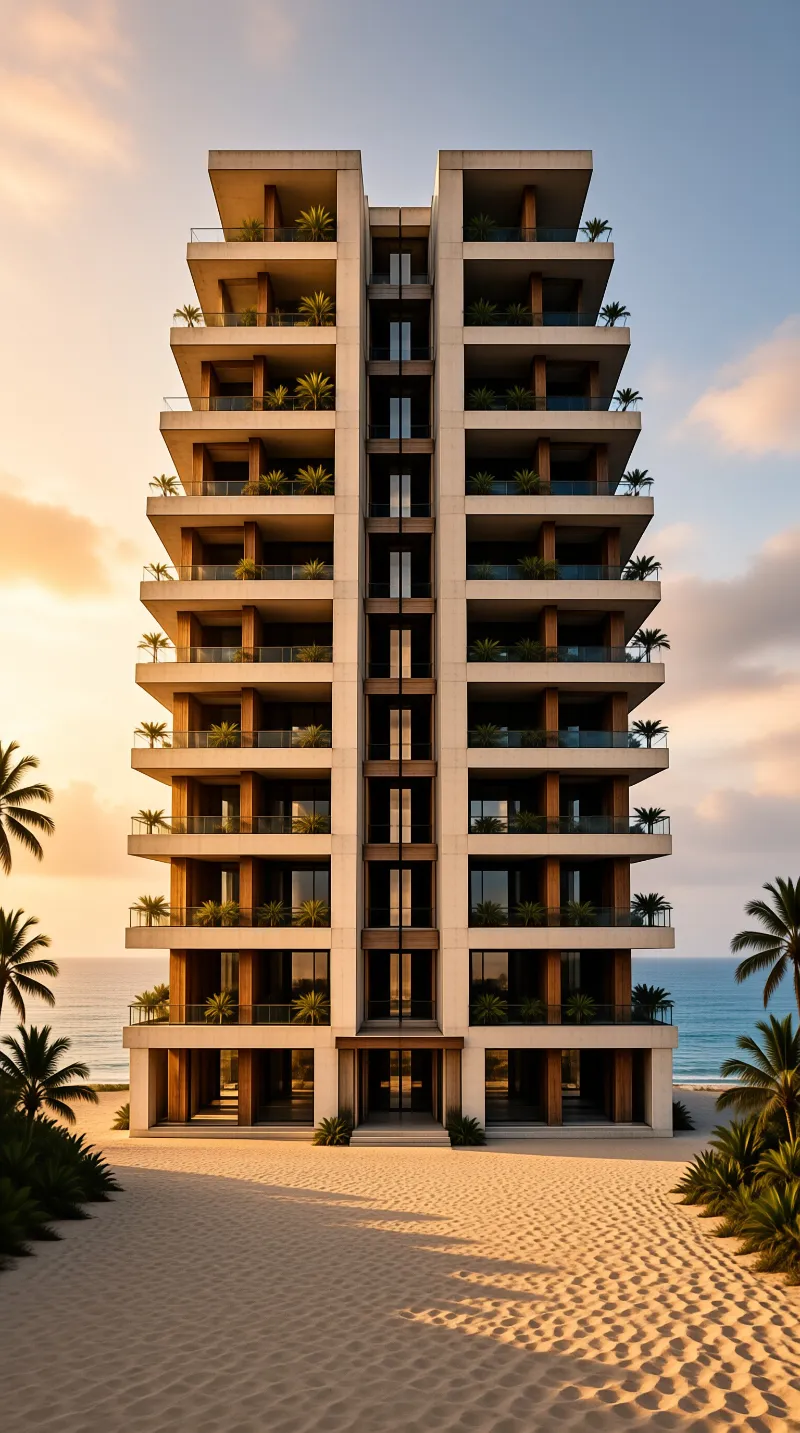 A terraced beachfront building with planted balconies rises above rippled sand while surf breaks behind sunlit palms.
