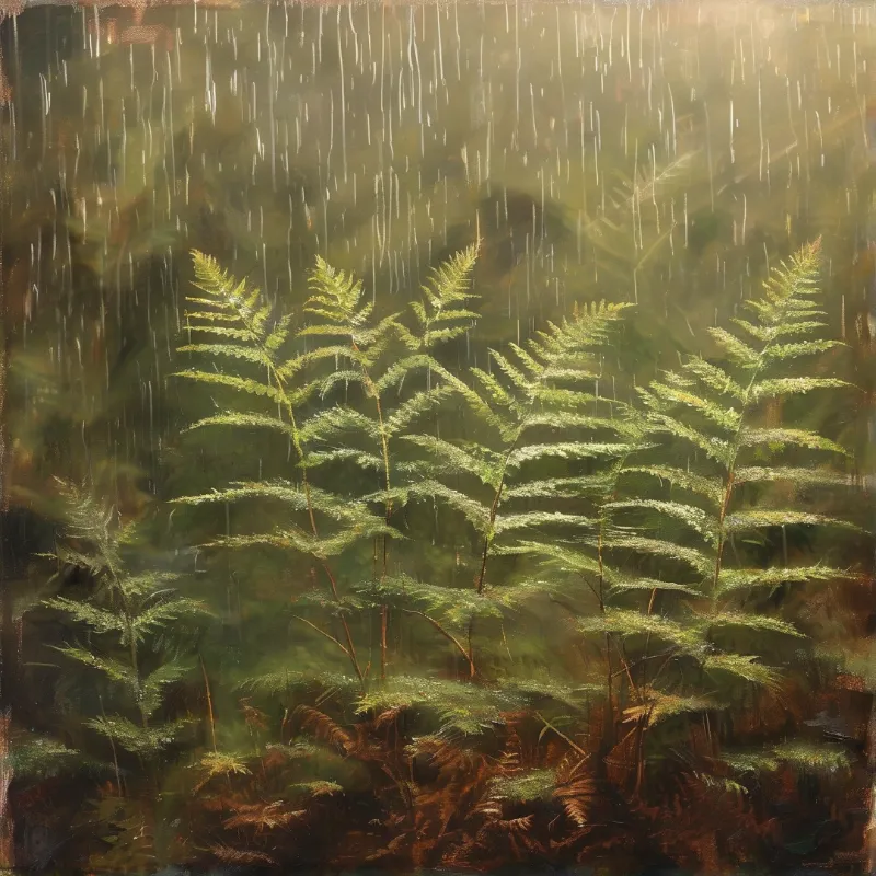 A cluster of vibrant green ferns stands amidst a downpour of rain within a dimly lit forest undergrowth.