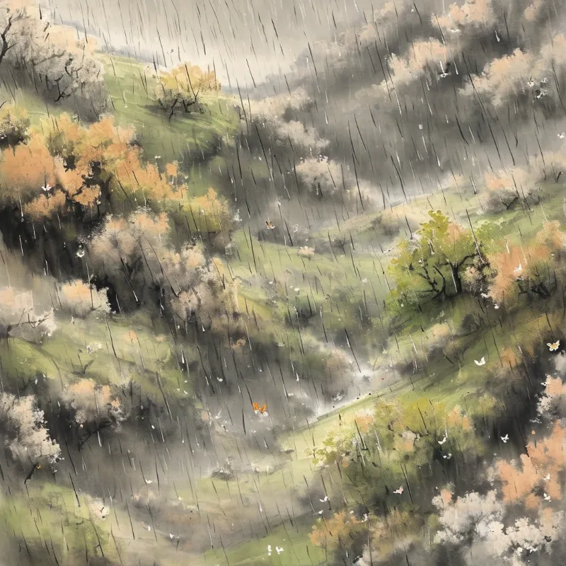 Green hills dotted with autumn trees under a gray rainy sky with butterflies flying in the mist.