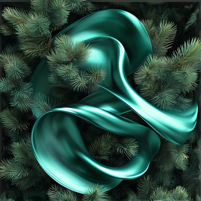 A glossy teal ribbon curves across dark spiky pine needles, with soft light bringing out its smooth reflective sheen.
