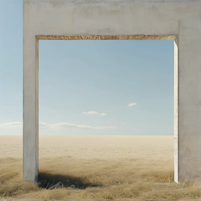 A large grey structure stands alone in a dry landscape framing the horizon and bright blue sky.