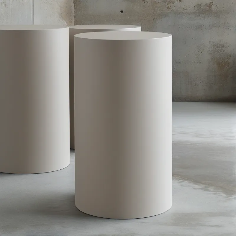 Three smooth white columns rise from a polished concrete floor in a quiet minimalist interior.