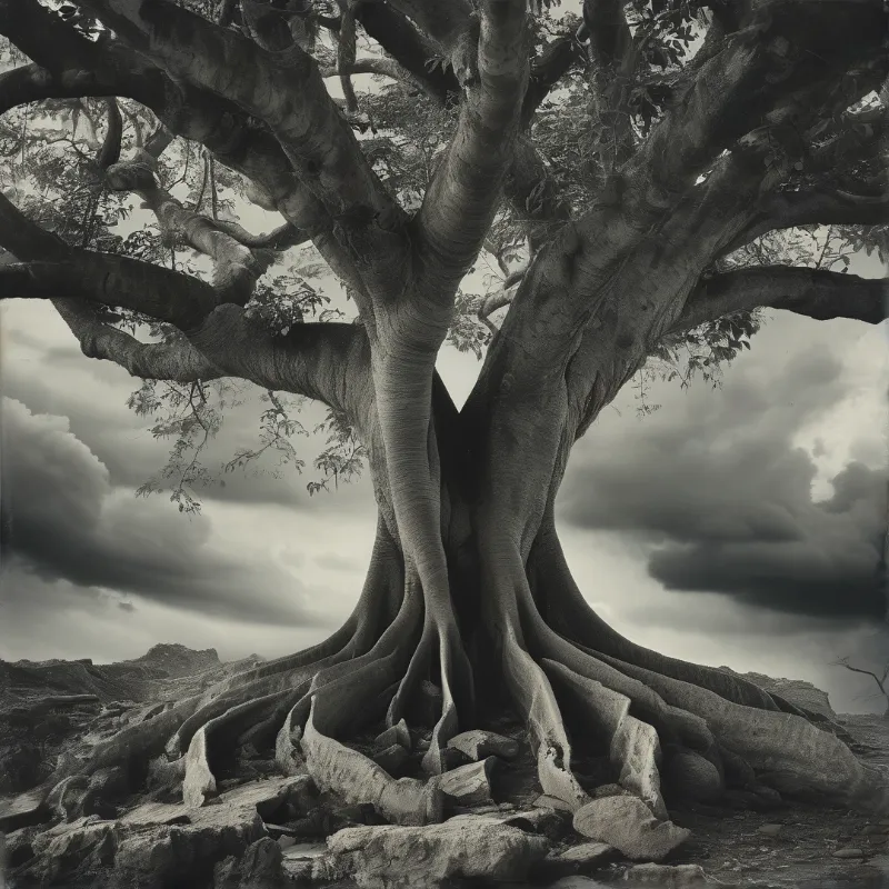 A massive tree with wide buttress roots grows from rocky ground beneath heavy dark clouds in monochrome tones.