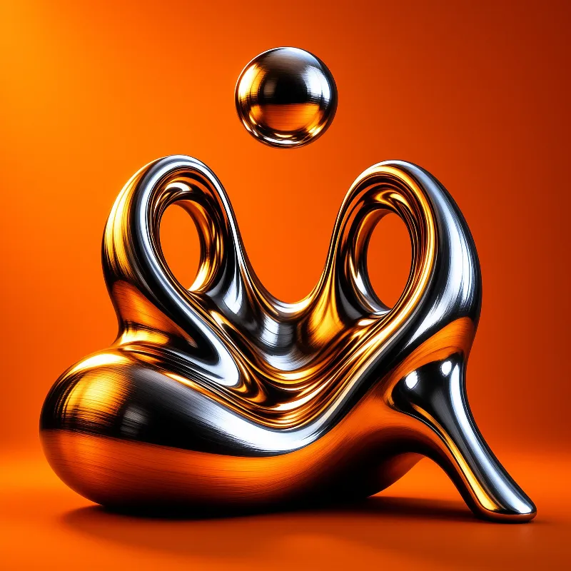 A reflective metallic object with looped curves supports a floating chrome ball against a warm orange gradient background.