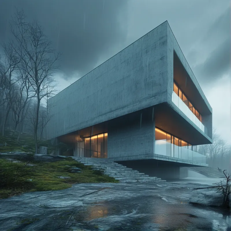 A boxy concrete house with glowing amber windows sits on wet rock among bare trees in drifting mountain fog.
