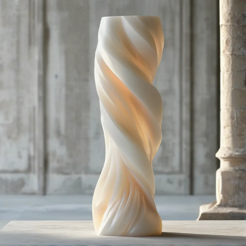A creamy white twisted sculpture sits on a pale wooden surface before a blurred stone wall and column.
