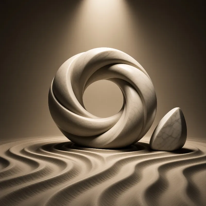 A large twisted stone ring and smaller pebble sit on a rippled sandy surface illuminated by warm golden light