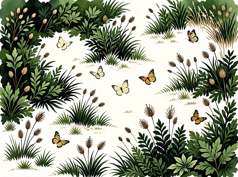 Watercolor style butterflies and plants arranged around a white central space.
