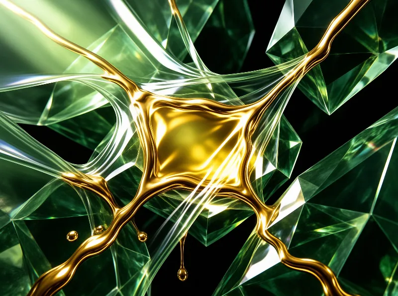 Shiny metallic flows intertwine with sharp translucent green crystals against a deep black background.