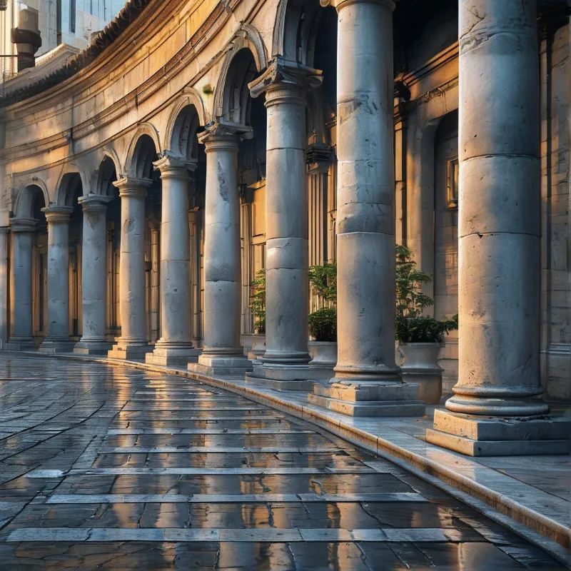 Massive stone pillars line a wet courtyard where late afternoon sunlight casts long shadows across the damp ground.