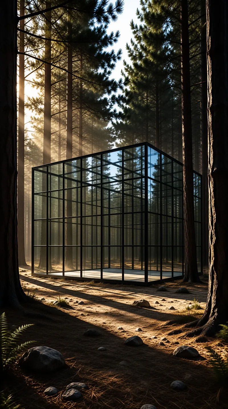 A transparent glass cube structure sits amidst tall pine trees with beams of sunlight casting shadows on the ground