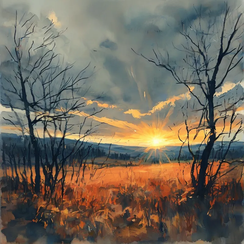 Two bare trees flank a golden field under a cloudy sky while a bright sunburst emerges over distant hills.