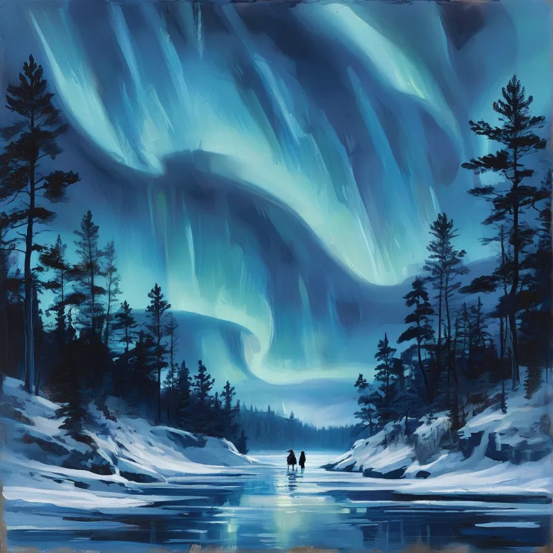 Two dark figures stand on a partially frozen blue river beneath swirling pale green aurora framed by snow dusted pines.