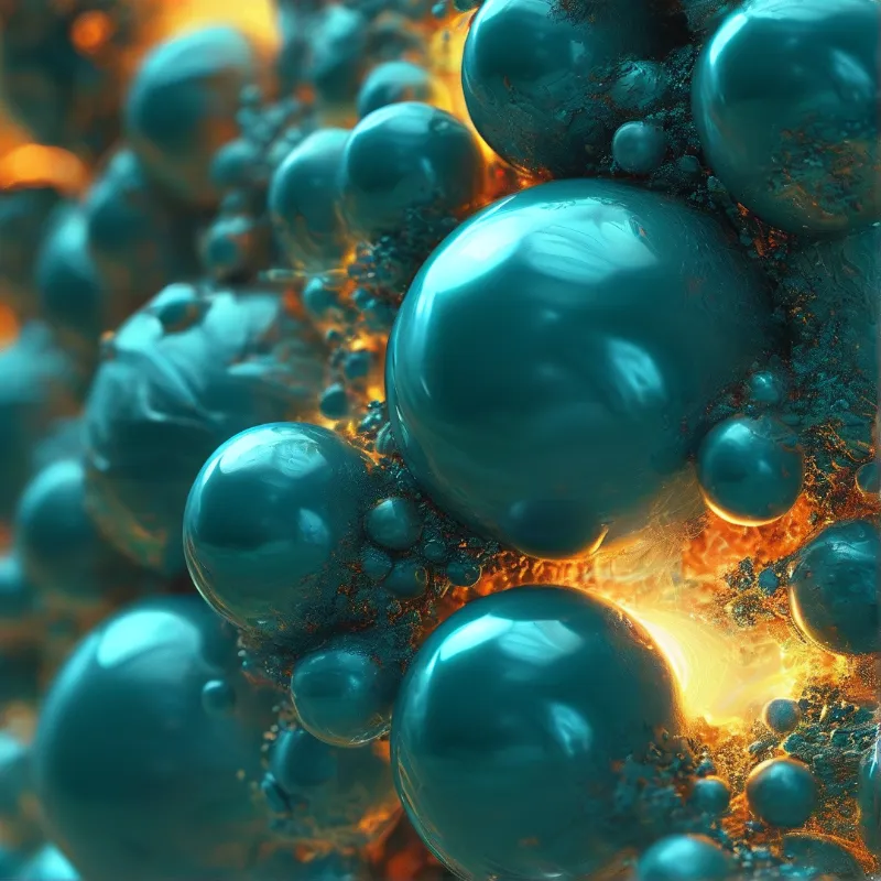 Glossy teal bubbles float against a fiery orange liquid background creating high contrast abstract textures.