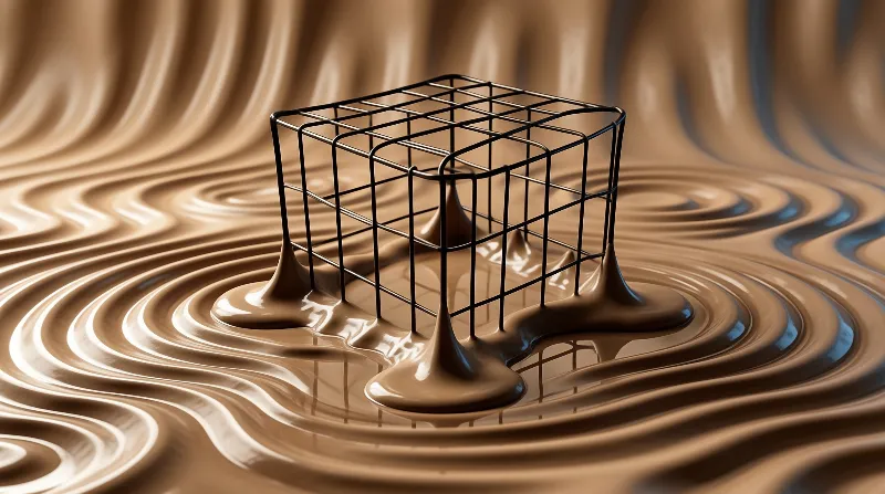 Black mesh cage sitting inside viscous melted chocolate with circular wave patterns spreading outward.