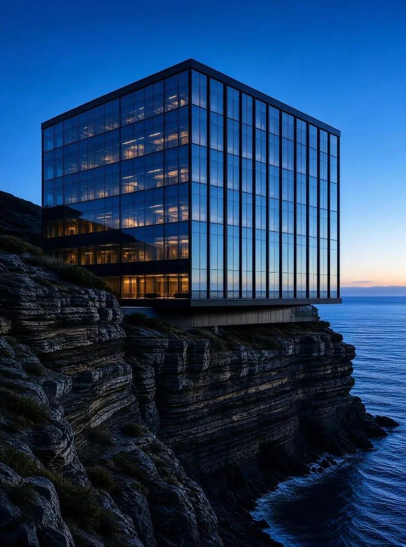 Glass Cube Building on Ocean Cliff