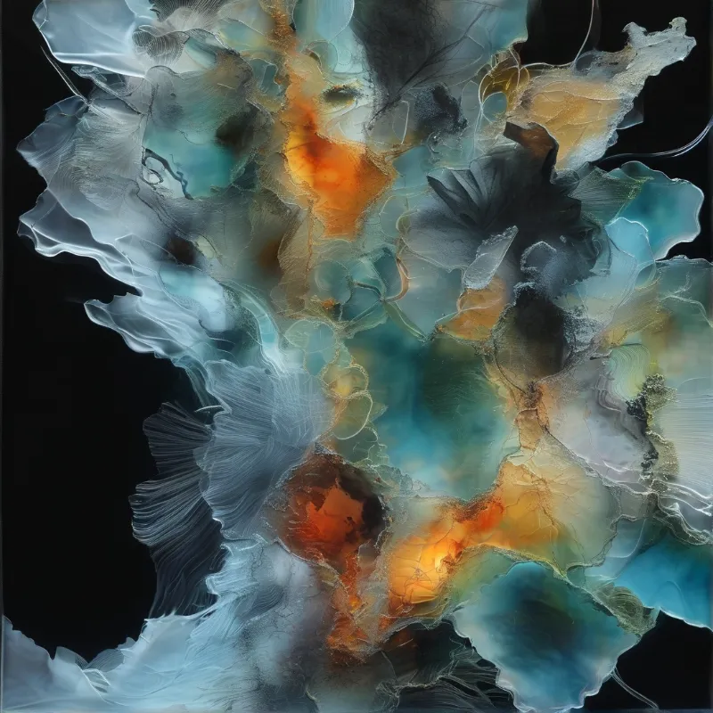Wispy clouds of teal and warm amber pigment spread and curl across a deep black background.