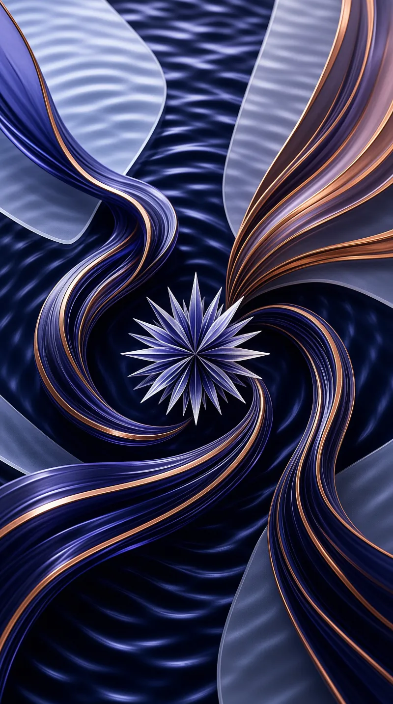 A spiky silver flower centered among blue and copper swirling ribbons with a wavy dark blue background.