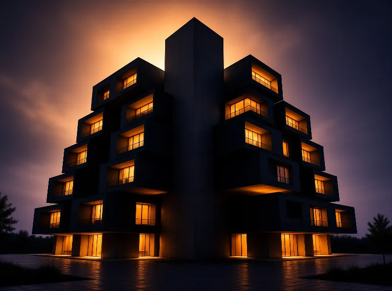 Modern architecture featuring stacked cubic volumes emits warm orange light against a gradient twilight sky and wet ground.