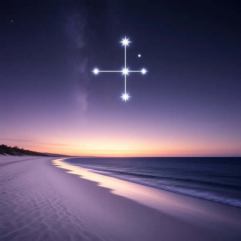 A bright cross shaped constellation shines in the purple sky above a calm beach and ocean waves during twilight.