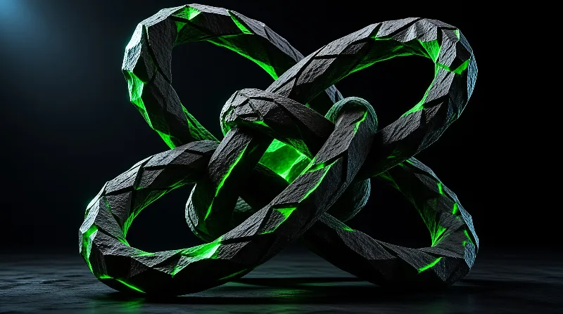 A massive dark rock loop twists in the darkness with vibrant green energy glowing through its fissures.