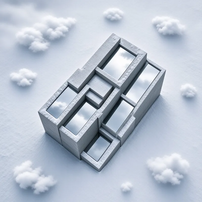 A white concrete structure with rectangular water pools floats among soft clouds in a pale blue sky.