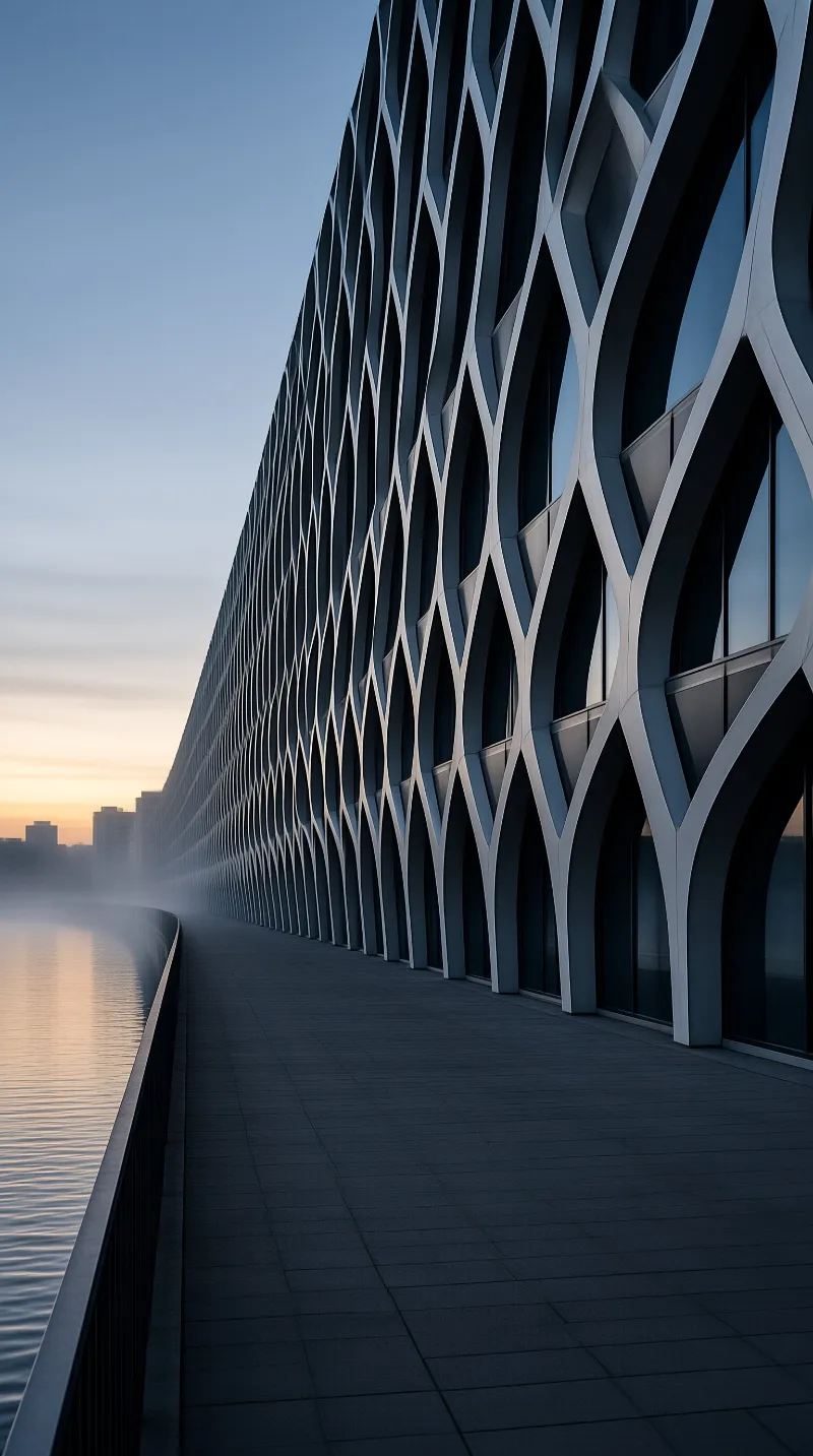 A branching white structural web wraps a long glass building beside a calm canal, lit by the faint light of dawn.