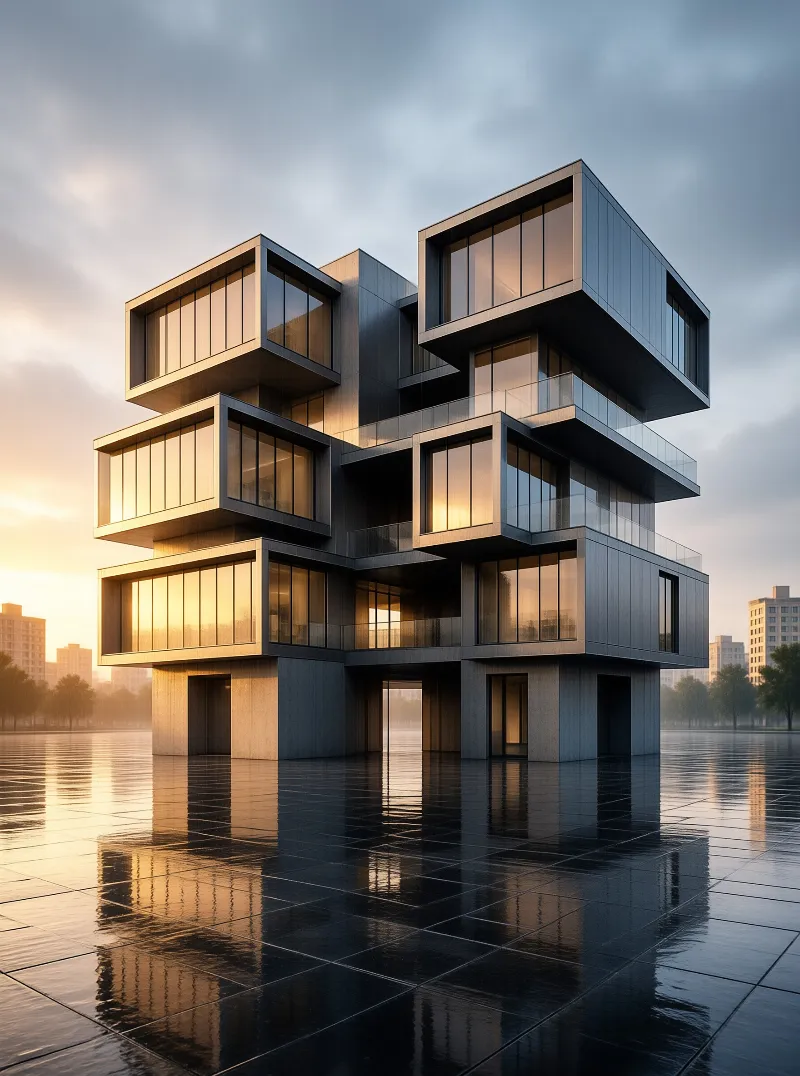 A futuristic multi-story structure with glowing windows stands on a glossy surface mirroring its geometric form during golden hour.