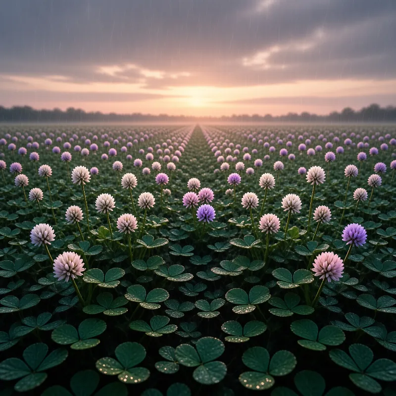 Wet clover plants with spherical pink flowers lead the eye toward a bright sunset on the horizon.