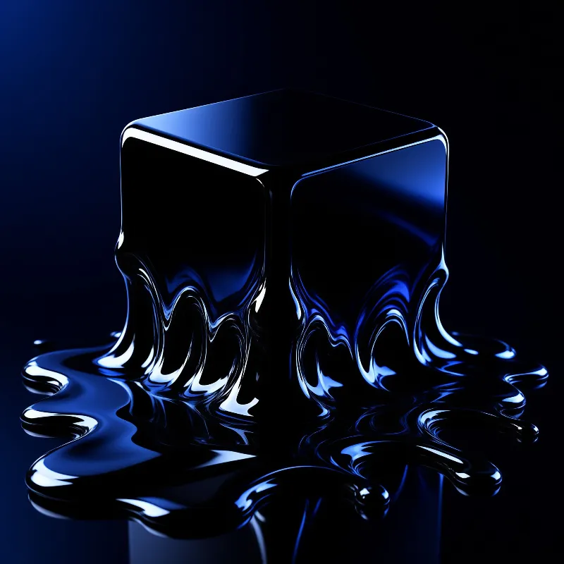 A glossy black and blue cube melts into a puddle on a reflective dark surface with bright blue highlights.