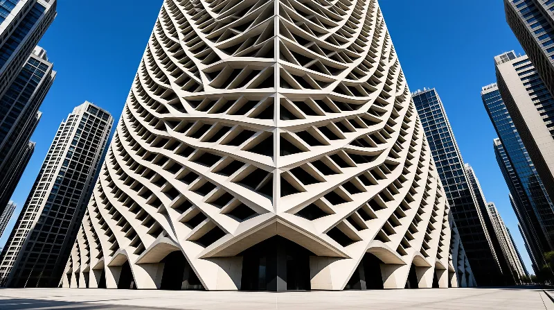 White building with complex diamond pattern facade surrounded by other skyscrapers under a cloudless blue sky.