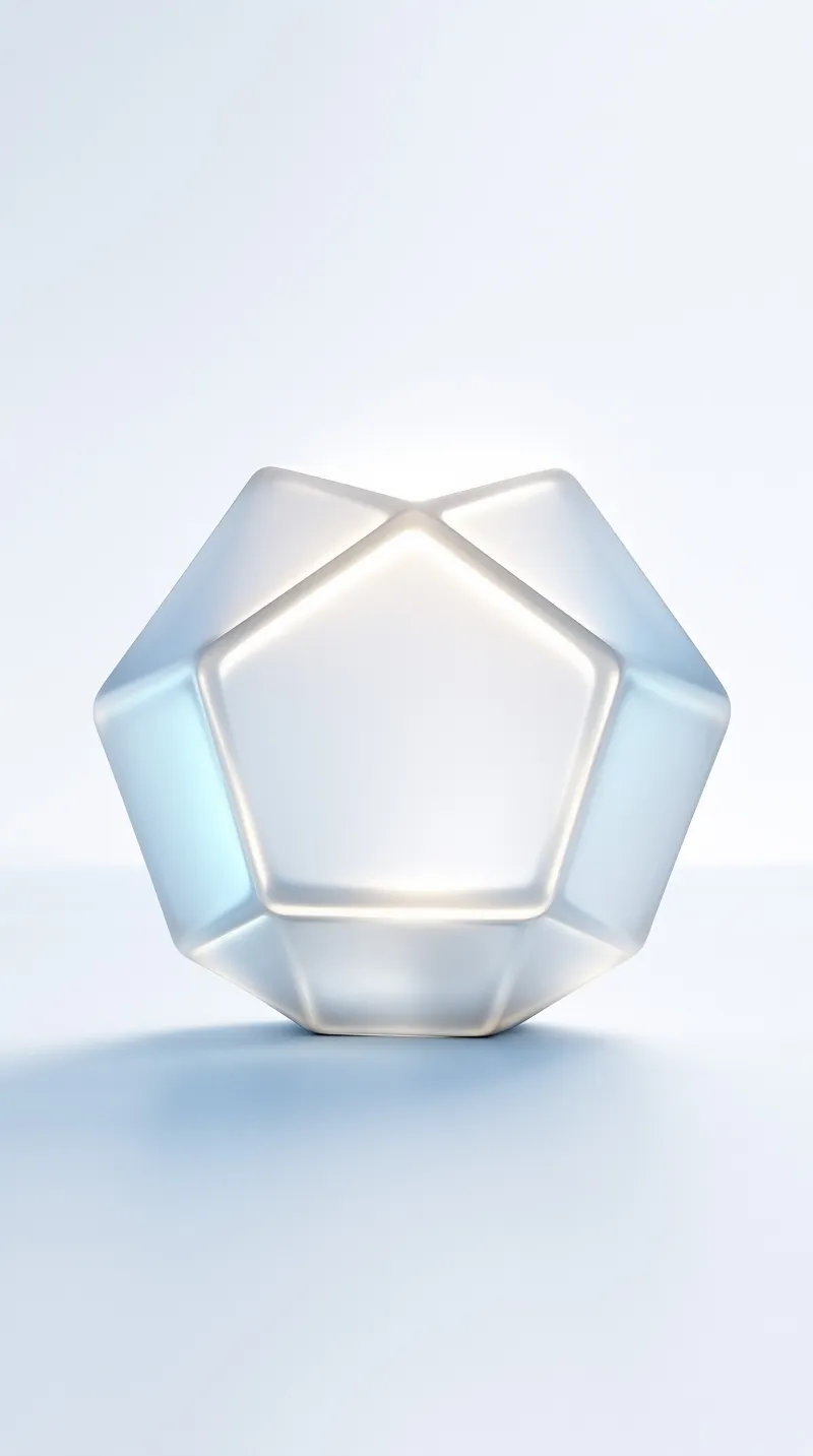 A soft frosted light blue polyhedral object with visible pentagonal faces rests on a smooth pale cool toned backdrop with a gentle diffused shadow beneath it.