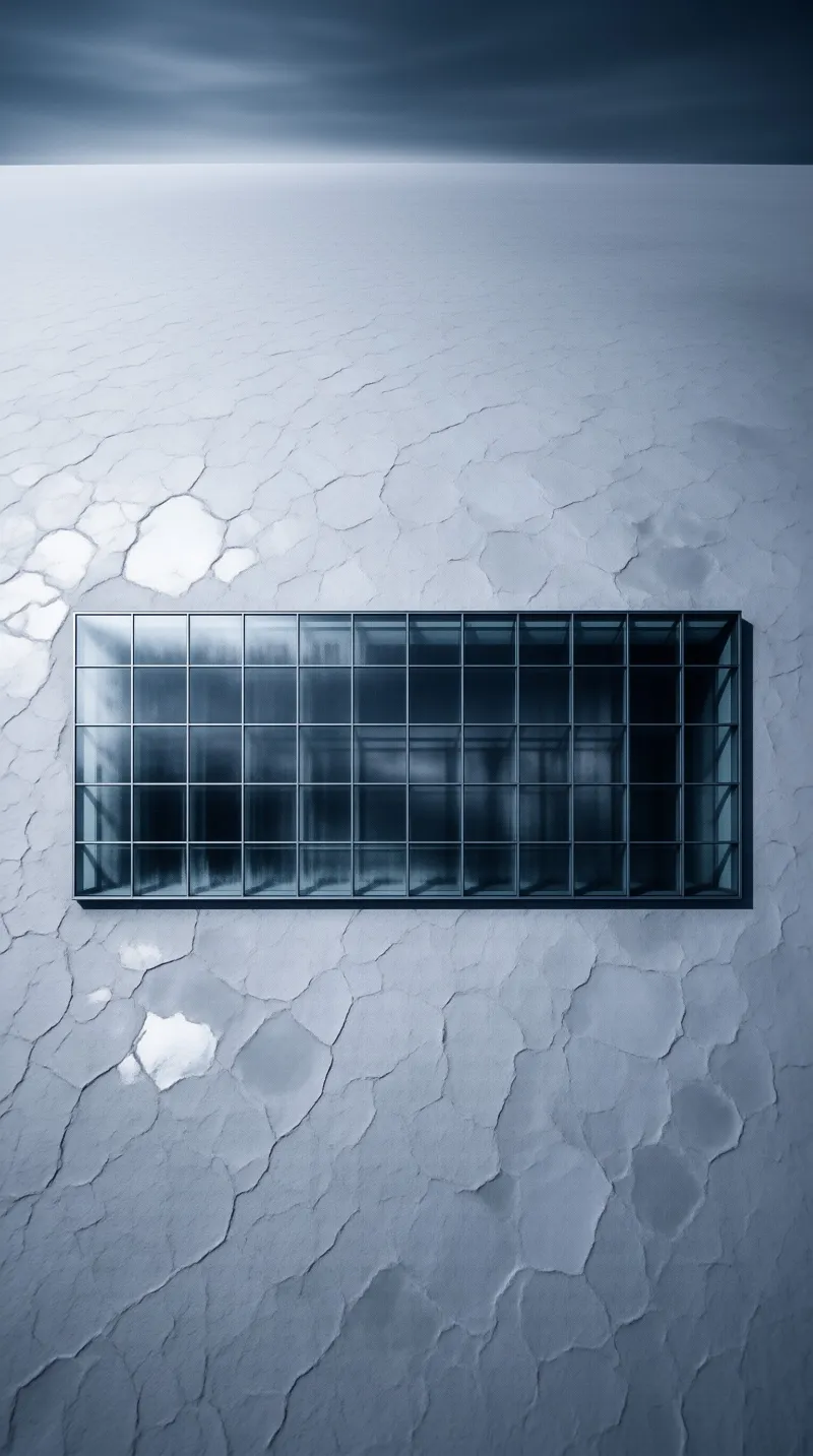 A rectangular grid of glass panes sits within a vast field of white cracked earth beneath a dark horizon line.