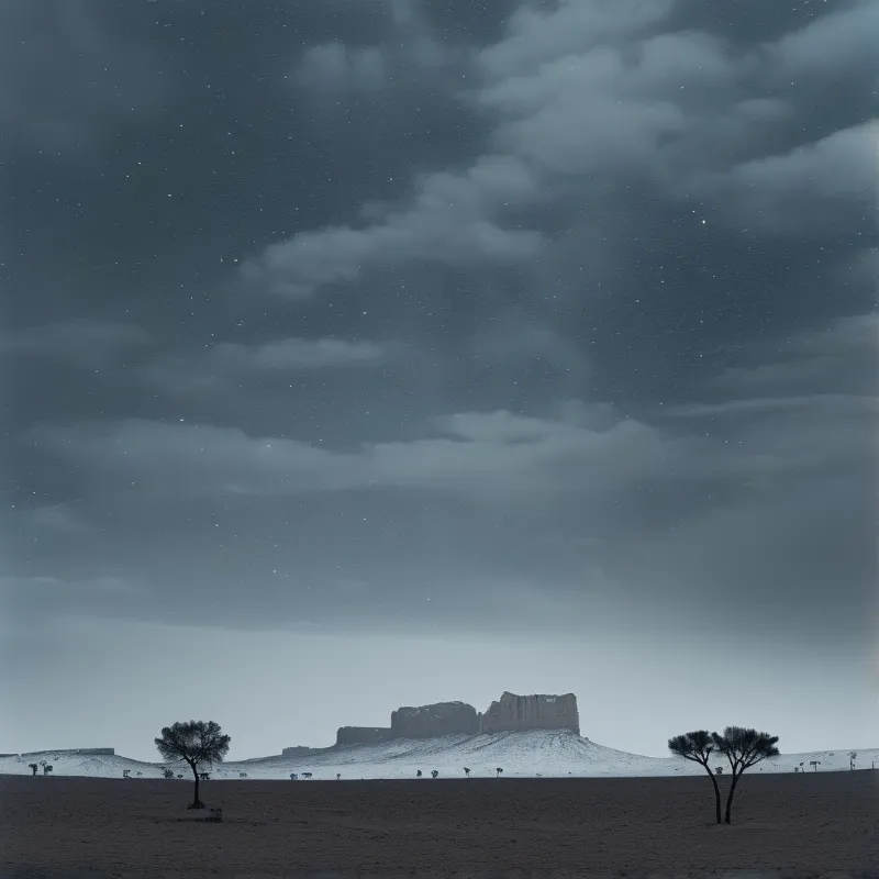 A dark desert landscape features a large flat-topped mountain in the distance beneath a vast cloudy night sky filled with stars, while silhouetted trees stand in the foreground creating a serene and monochromatic scene with cool blue tones.