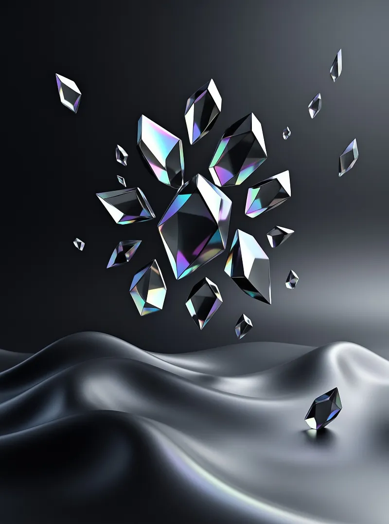 Iridescent crystals float in darkness above a smooth reflective silver surface with one stone resting below.