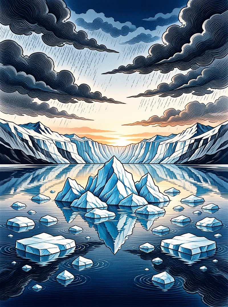 Stylized view of icebergs floating in water with snowy mountains behind and storm clouds above.