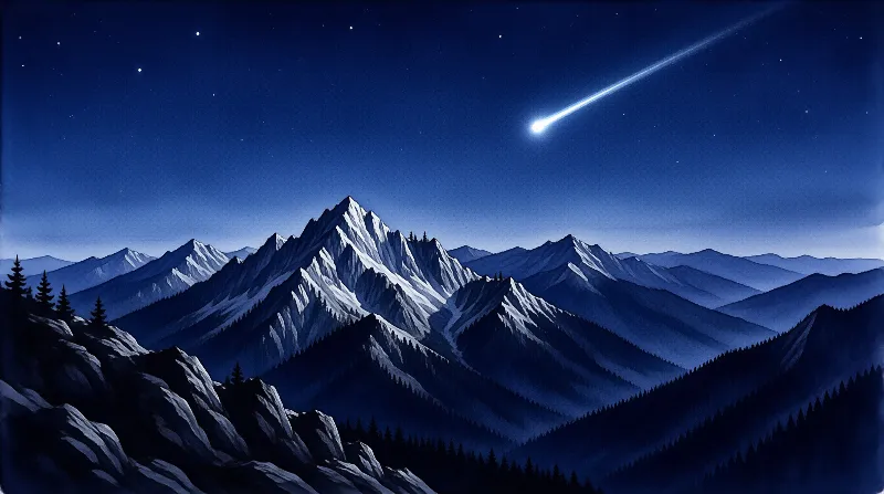 A luminous shooting star cuts through the deep blue night sky over rugged snow-covered mountain ranges and dark forests.