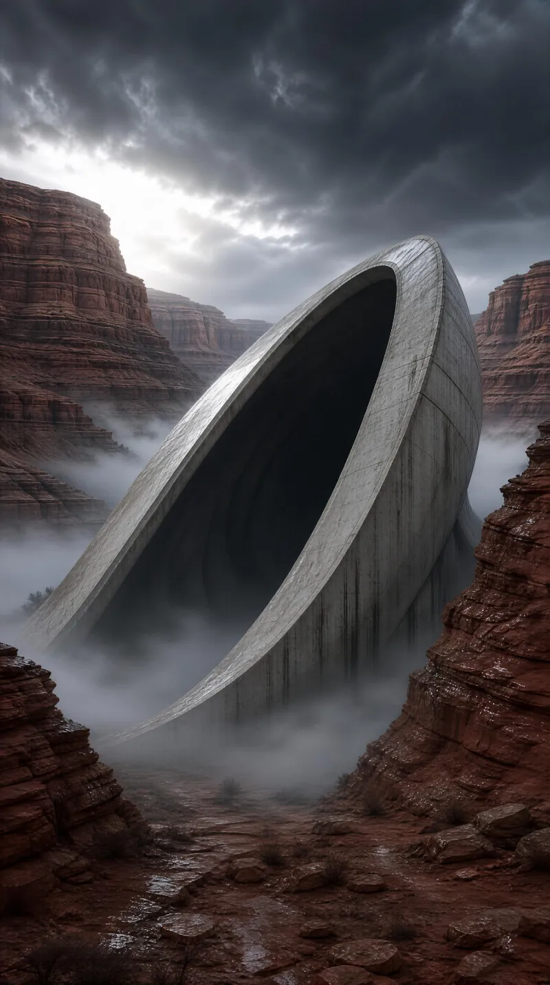 A large concrete arch curves through a misty desert canyon surrounded by red rock cliffs under a brooding, overcast sky