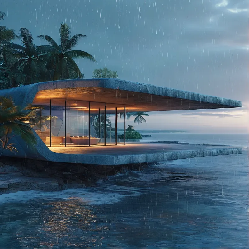 A futuristic cantilevered residence glows warmly from within while heavy rain pours over the ocean waves at dusk.
