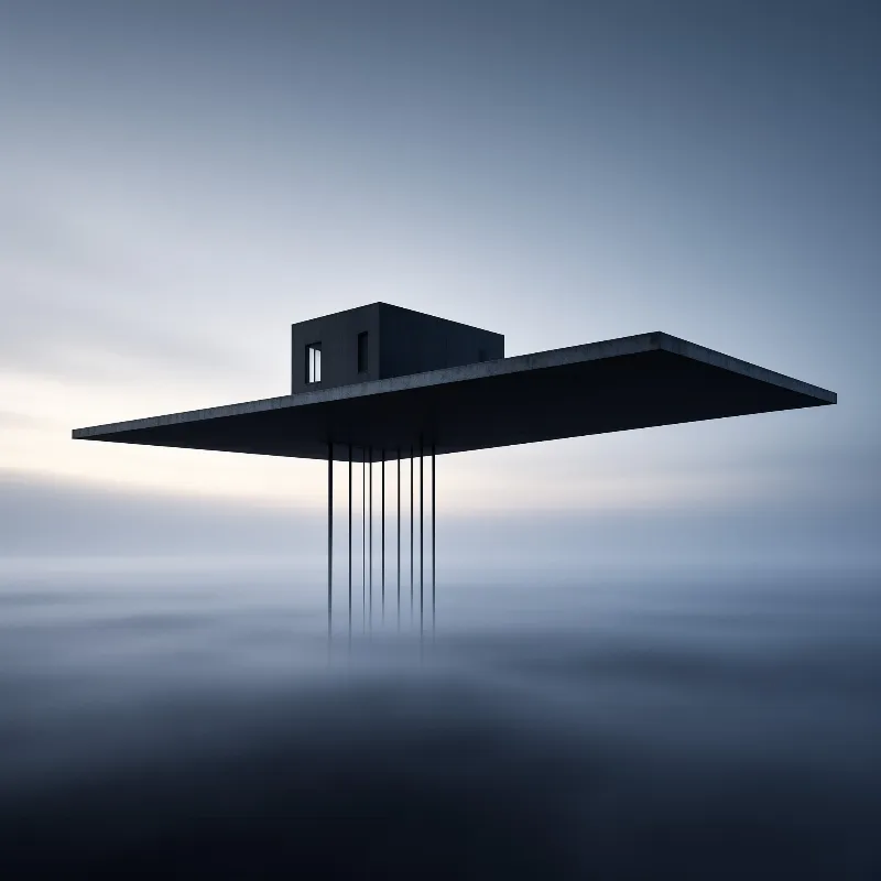 A dark building sits on a wide flat platform held up by thin pillars rising from a dense fog under a pale gradient sky.