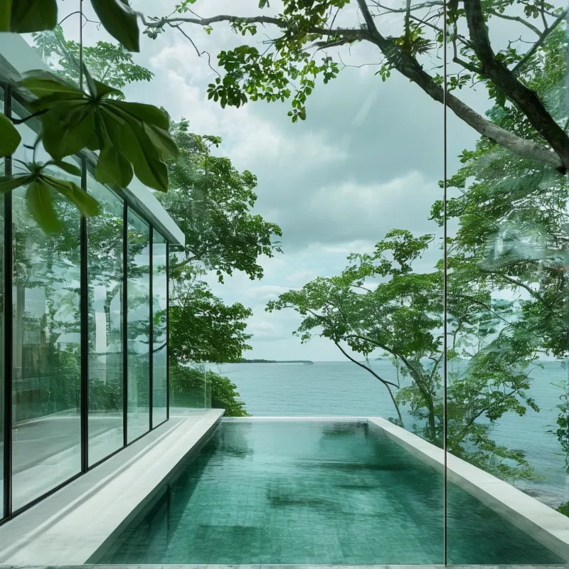 A rectangular swimming pool with turquoise water sits next to a modern glass building and overlooks a calm ocean.