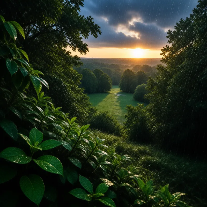 Distant rain falls across a lush green valley while golden sunlight streams from the horizon past wet leaves.