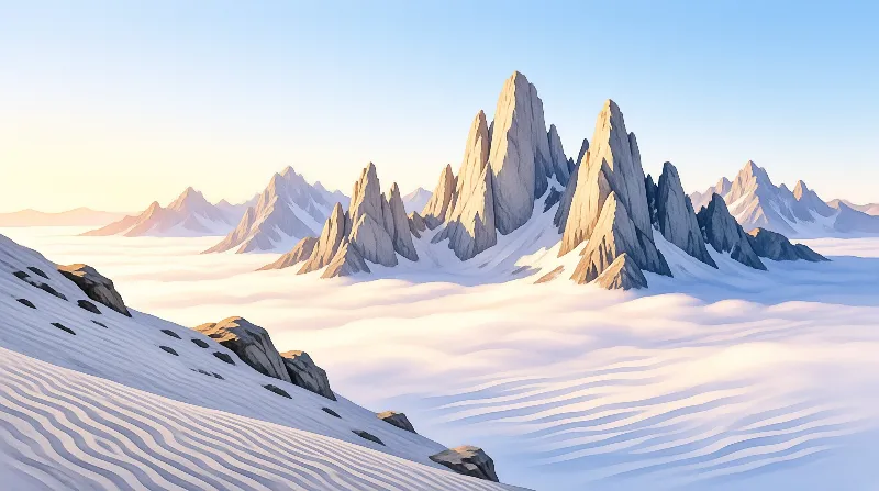 Jagged snow covered mountains stand tall above a thick layer of clouds during sunrise with warm sunlight.