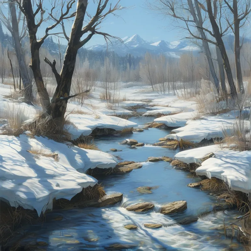 Clear water winds through a snowy landscape while leafless trees stand along the banks beneath a bright sky.