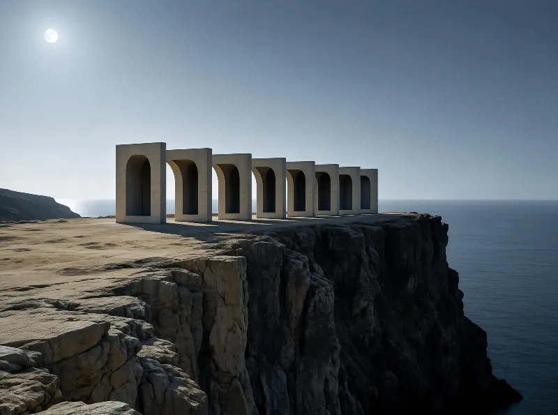 A row of tall concrete arches stands on a rocky cliff overlooking the ocean, with the sun shining brightly in a clear sky