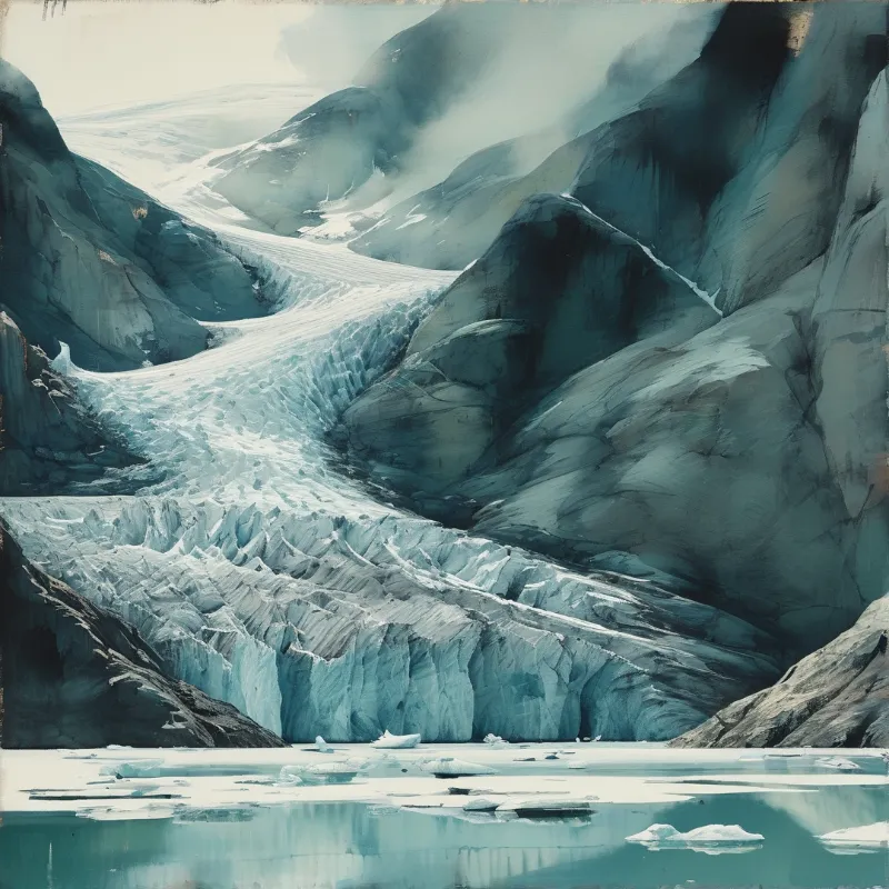 A massive blue ice sheet flows down a rugged valley towards a still body of water dotted with floating ice chunks.